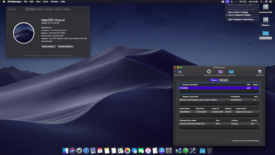Success Hackintosh macOS Mojave 10.14.2 Build 18C54 at Lenovo Thinkpad 13 2nd Gen
